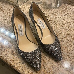 Jimmy Choo Black and Silver Glitter Heels